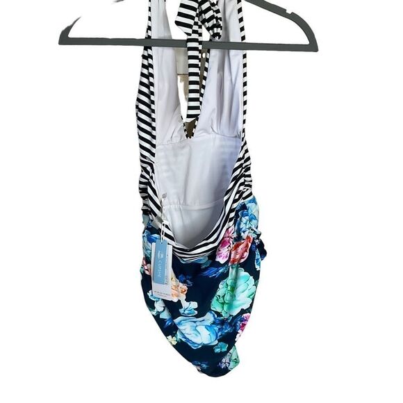 CUPSHE One-Piece Swim Suit Floral Stripes Deep V Halter Style Open Back Size L - Picture 8 of 14